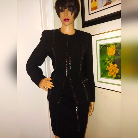 LOUIS FERAUD/ ESCADA 38 8 COUTURE WOOL SEQUINS TAILORED SHORT SKIRT SUIT - Picture 12 of 16